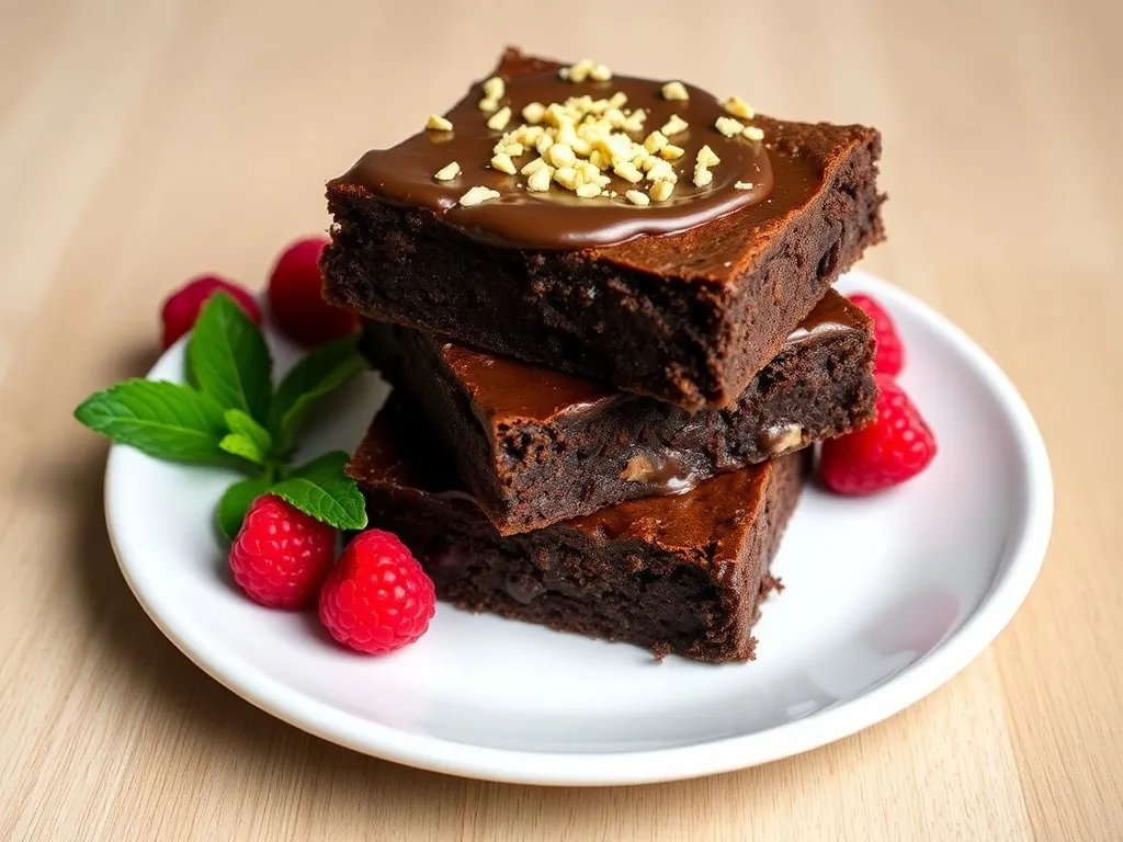 Brownie z czarnej fasoli ułożone w stos na talerzu, polane czekoladą, posypane orzechami, z malinami i listkiem mięty