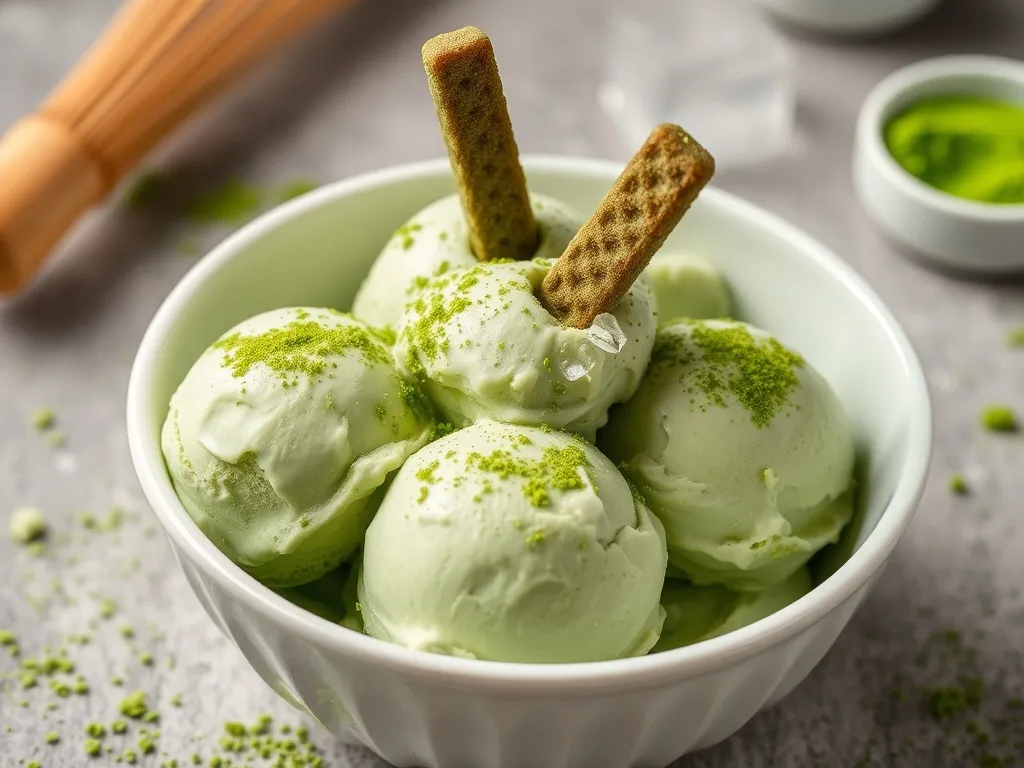 Miseczka z trzema gałkami lodów matcha, posypanych proszkiem herbaty, z ciasteczkami matcha jako dekoracją.