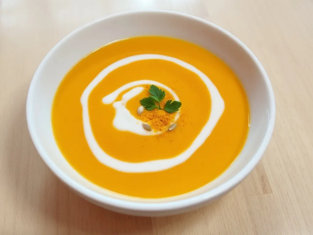 Krem z dyni z mleczkiem kokosowym, curry i pestkami dyni, podany w misce jako propozycja rozgrzewającej zupy.