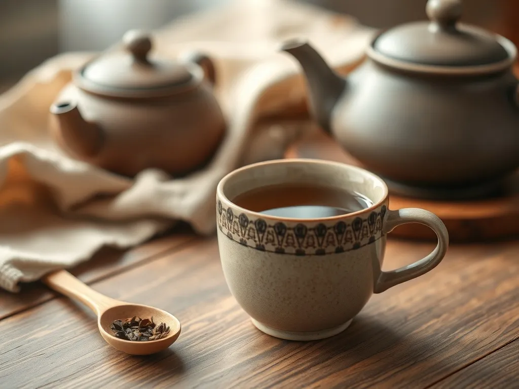 Kubek parującej herbaty hojicha na drewnianym stole z prażonymi liśćmi, w przytulnej, ciepłej atmosferze parzenia.