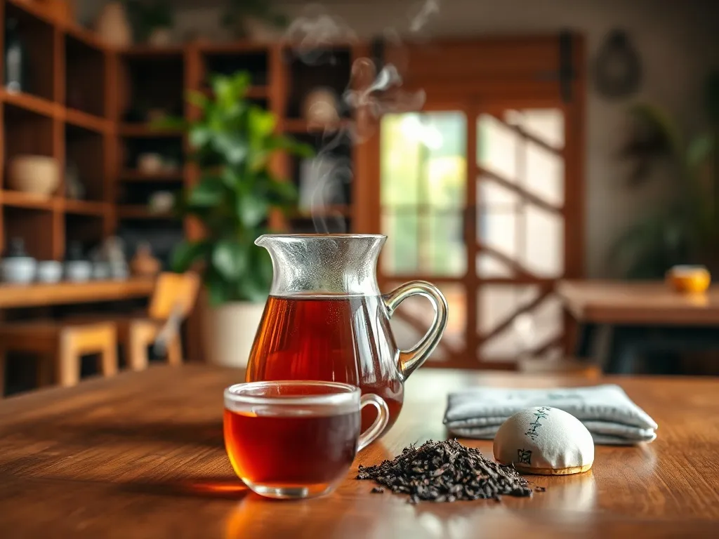 Szklany dzbanek i filiżanka ciemnej herbaty pu-erh na drewnianym stole, obok sprasowane krążki i liście herbaty.