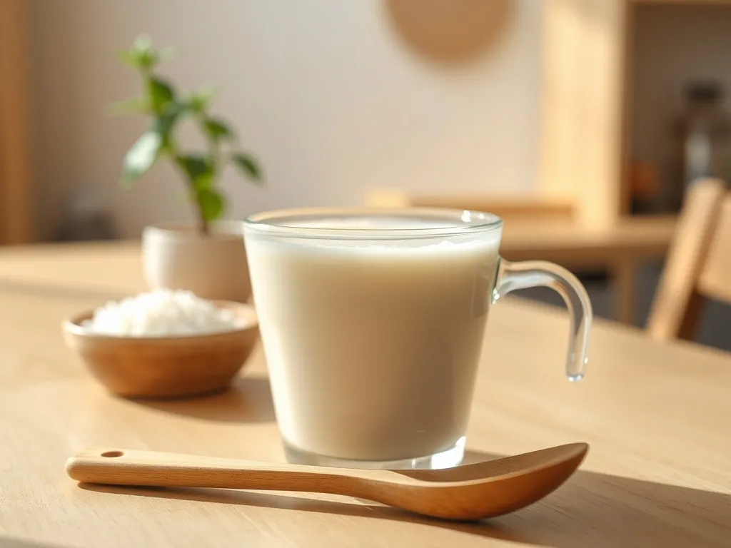 Kubek kremowego amazake na drewnianym stole obok miseczki ryżu, w jasnej, przytulnej, japońskiej kuchni.