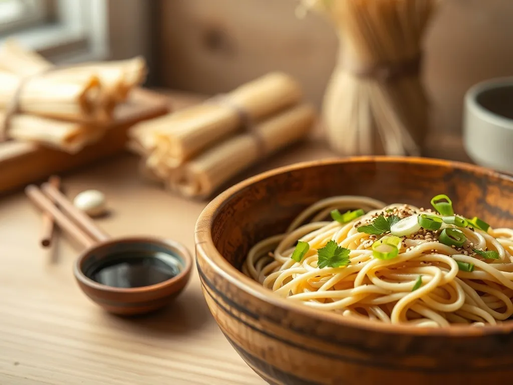 Miska gorącego makaronu soba z dymkiem i sezamem, obok sos sojowy i pałeczki, w tle surowe kluski soba.