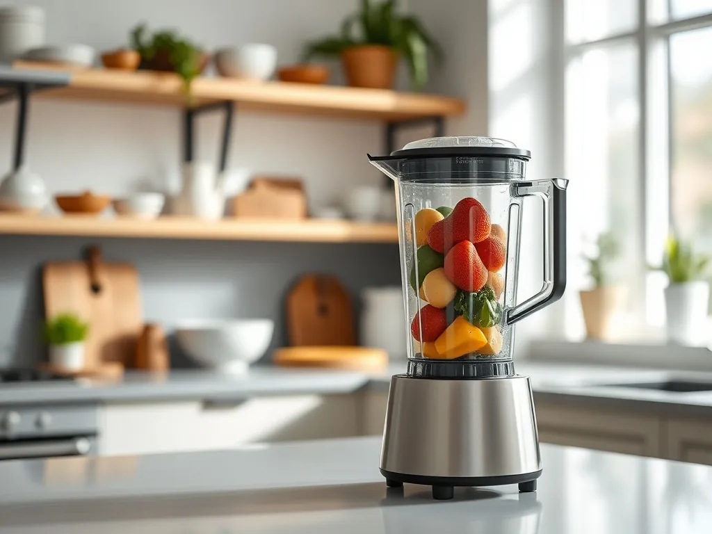Blender kielichowy na blacie kuchennym wypełniony kolorowymi owocami i warzywami, w jasnej, przytulnej kuchni domowej.