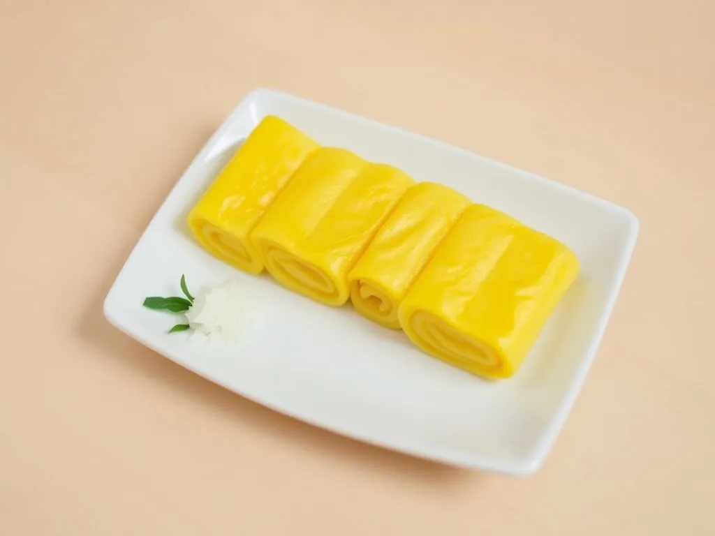Japoński omlet tamagoyaki pokrojony w kawałki, podany na białym talerzu z tartą rzodkwią daikon i listkiem shiso.