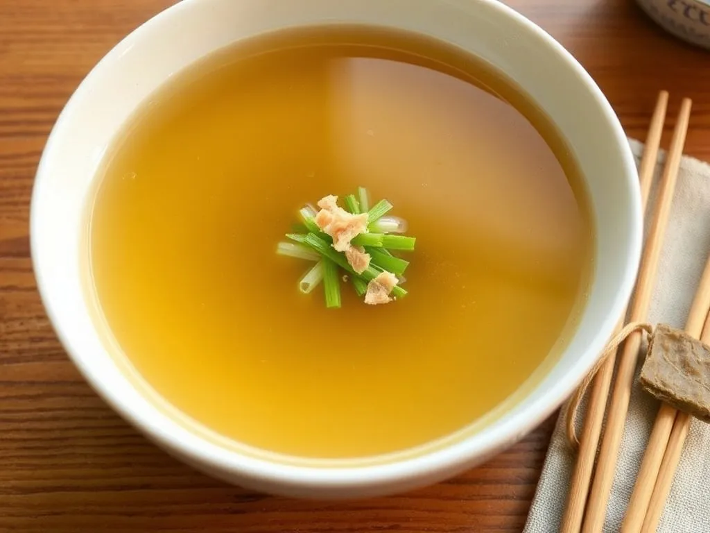 Bulion dashi w misce, udekorowany szczypiorkiem i płatkami bonito, obok pałeczki i kawałek kombu na lnianej serwetce.