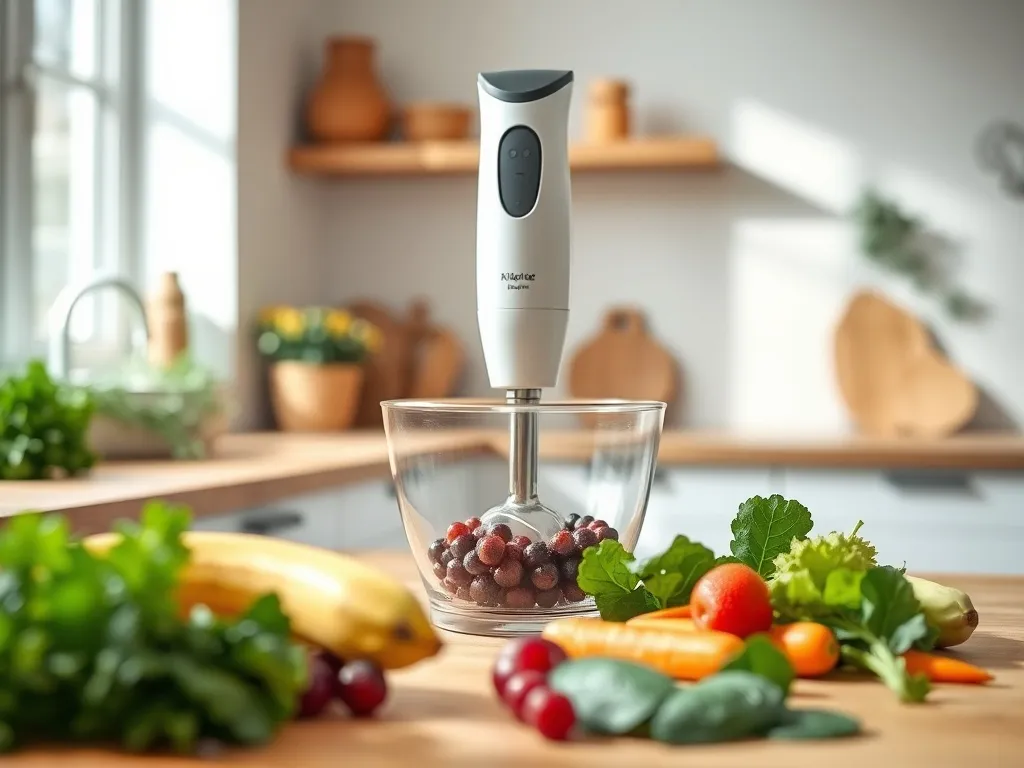 Nowoczesny blender ręczny w misce, otoczony świeżymi owocami i warzywami, gotowy do przygotowania zdrowych koktajli.