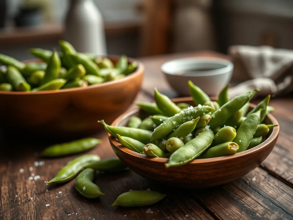 Miseczka zielonego edamame posypanego solą na drewnianym stole, w tle sos sojowy i lniana serwetka