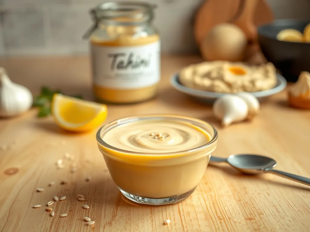 Miseczka kremowej pasty tahini na stole, obok łyżka i sezam, w tle hummus, cytryna i czosnek jako propozycja podania.