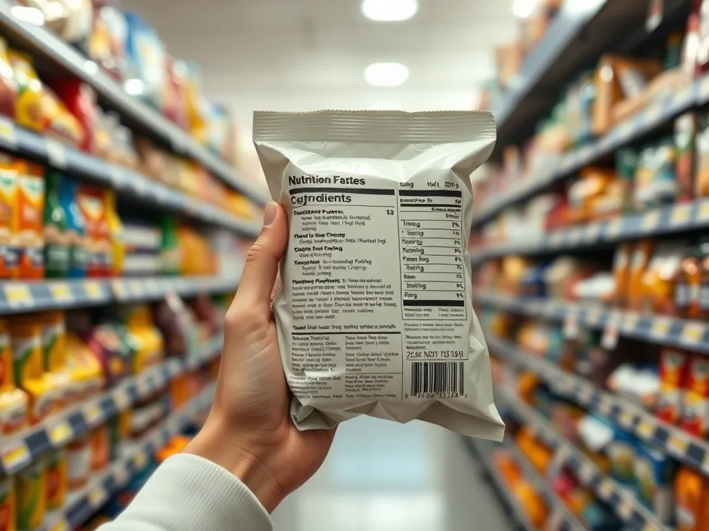 Osoba trzyma produkt spożywczy w markecie i uważnie czyta etykietę z składem oraz tabelą wartości odżywczych.