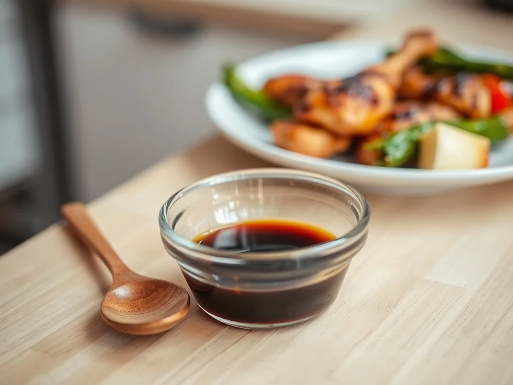 Miseczka błyszczącego sosu teriyaki na drewnianym stole, w tle grillowany kurczak z warzywami jako propozycja podania