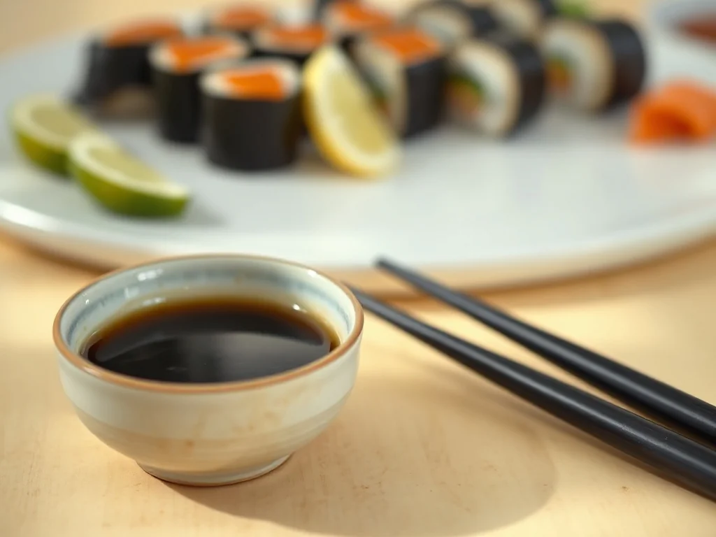 Miseczka sosu ponzu z pałeczkami obok, w tle talerz sushi oraz cząstki limonki i cytryny w japońskiej aranżacji