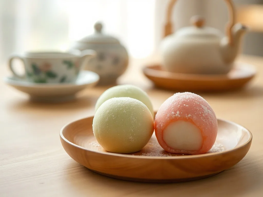 Kolorowe kuleczki mochi na drewnianym talerzyku obok rozmytego zestawu do herbaty, tworzące przytulny, minimalistyczny klimat.