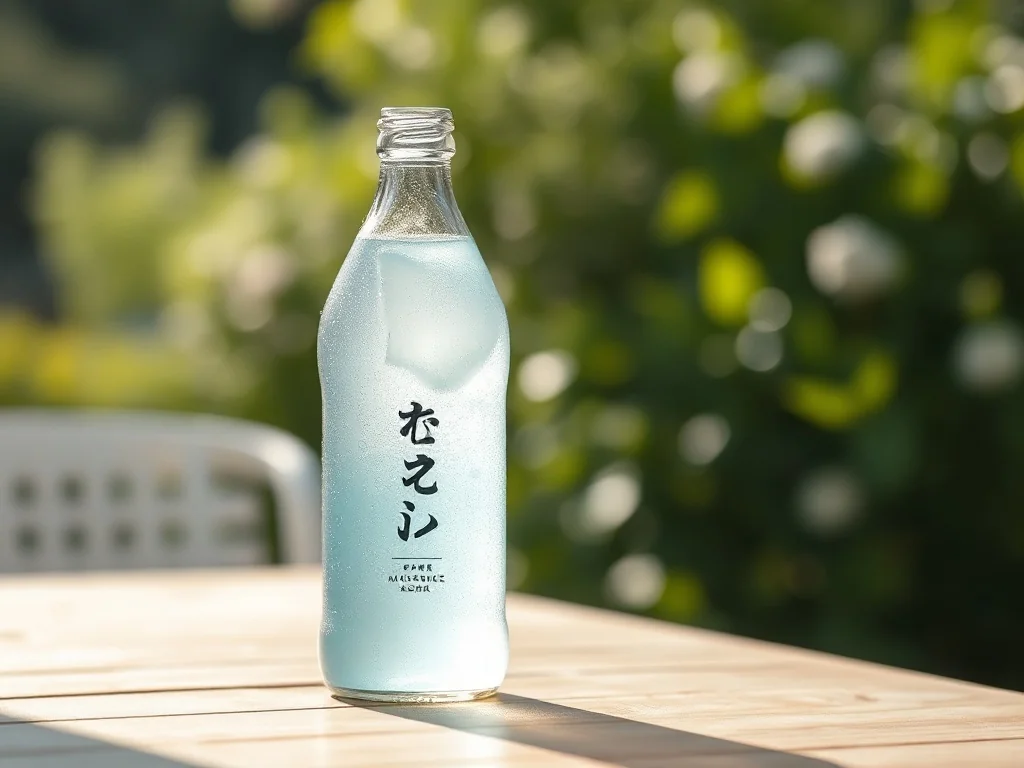 Schłodzona butelka japońskiej lemoniady Ramune na drewnianym stole, krople kondensacji, letnie, orzeźwiające tło z zielenią.