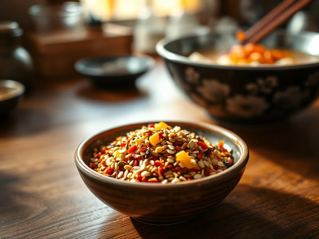 Miseczka z kolorową przyprawą shichimi togarashi na drewnianym stole, w tle miska parującego ramen i pałeczki