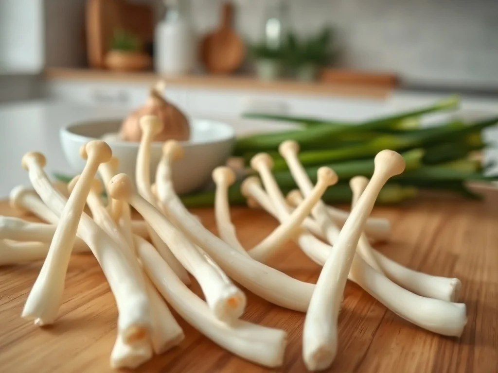 Świeże grzyby enoki na desce do krojenia, obok składniki jak czosnek i szczypior, gotowe do przygotowania potrawy.