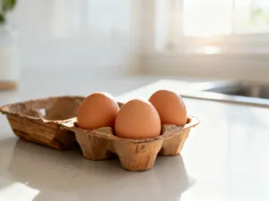 Dojrzały czerwony pomidor na drewnianym blacie w słonecznej kuchni, podkreślający świeżość przechowywanych warzyw.