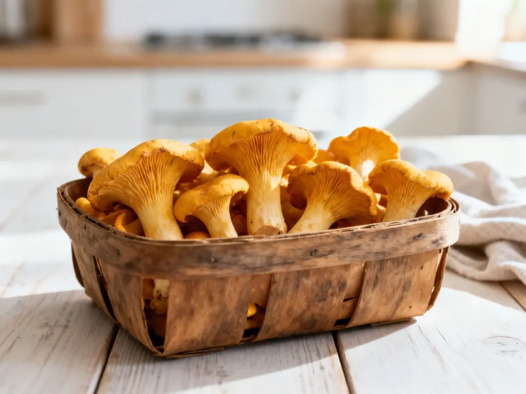 Świeże kurki ułożone w drewnianym koszyku na kuchennym blacie, podkreślające naturalną jakość grzybów.