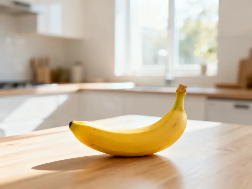 Świeży, żółty banan na drewnianym blacie kuchennym w słonecznej, nowoczesnej kuchni.