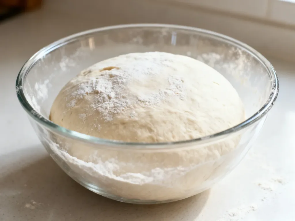 Kulka surowego ciasta na pizzę oprószona mąką w szklanej misce, przygotowana do wyrastania w jasnej kuchni.