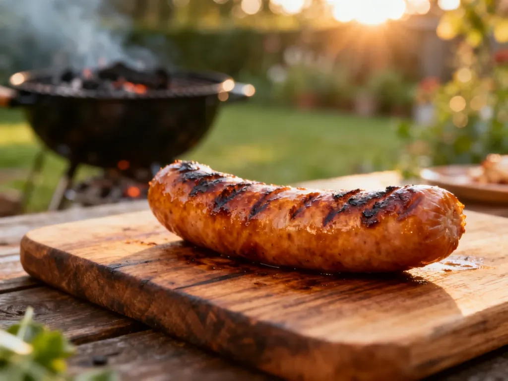 Złocista, grillowana kiełbasa na drewnianej desce w ogrodowej scenerii.