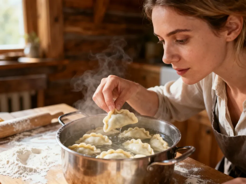 Kobieta wkłada świeże, ręcznie lepione pierogi do garnka z wrzącą wodą w przytulnej, rustykalnej kuchni.