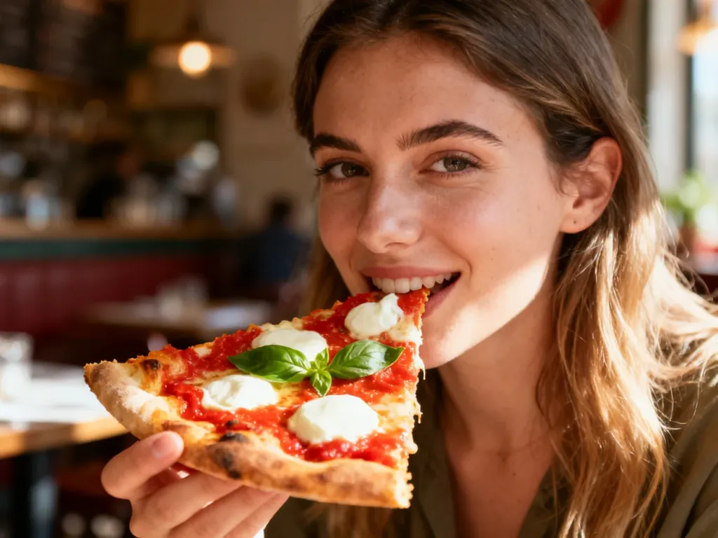 Kawałek świeżo upieczonej pizzy z mozzarellą i bazylią trzymany w dłoni w przytulnej włoskiej restauracji.