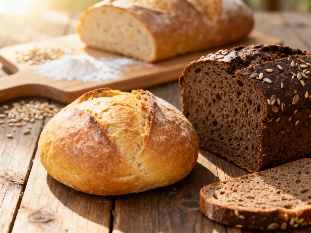 Różne rodzaje świeżego pieczywa rzemieślniczego na rustykalnym stole, ilustrujące różnorodność wartości odżywczych chleba.