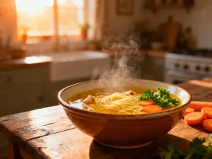 Miseczka zielonego edamame posypanego solą na drewnianym stole, w tle sos sojowy i lniana serwetka