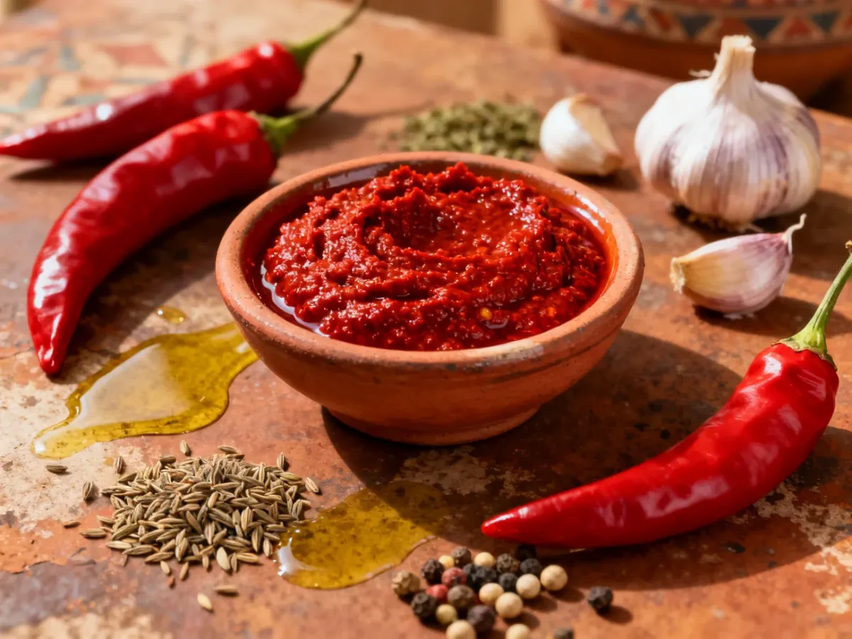Miska gęstej czerwonej harissy z papryczkami chili, czosnkiem i przyprawami