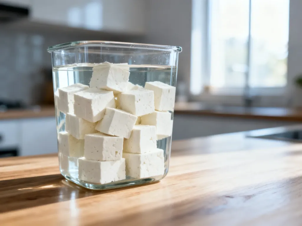 Kostki tofu zanurzone w wodzie w szklanym pojemniku na drewnianym blacie, co ilustruje sposób przechowywania produktu.