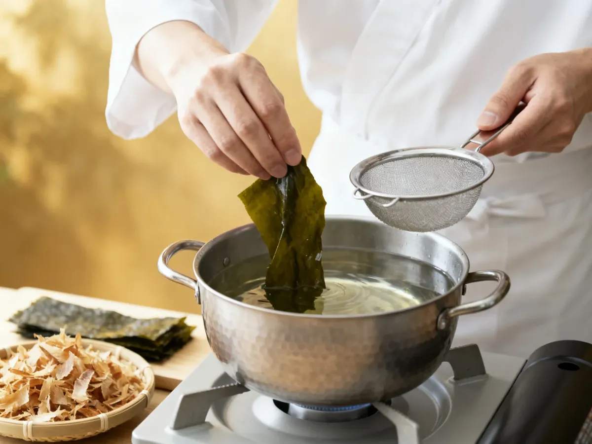 Przygotowanie klarownego wywaru dashi z kombu i katsuobushi
