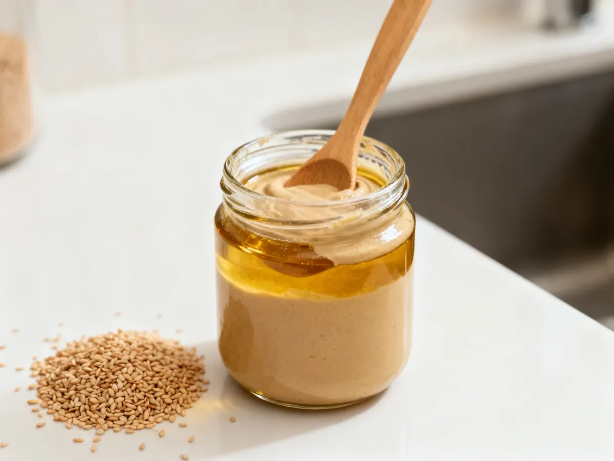 Słoik tahini z naturalnie oddzieloną warstwą oleju