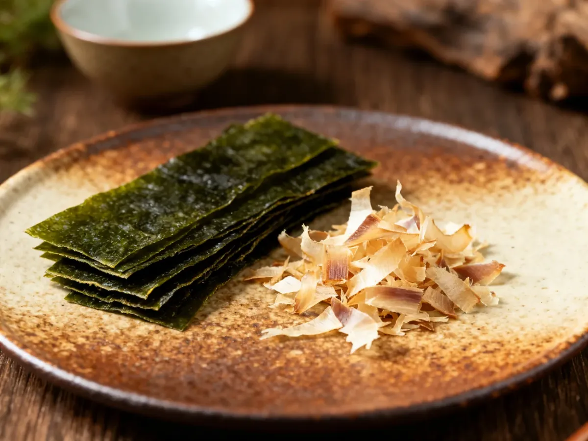 Suszone kombu i płatki katsuobushi na kuchennym stole