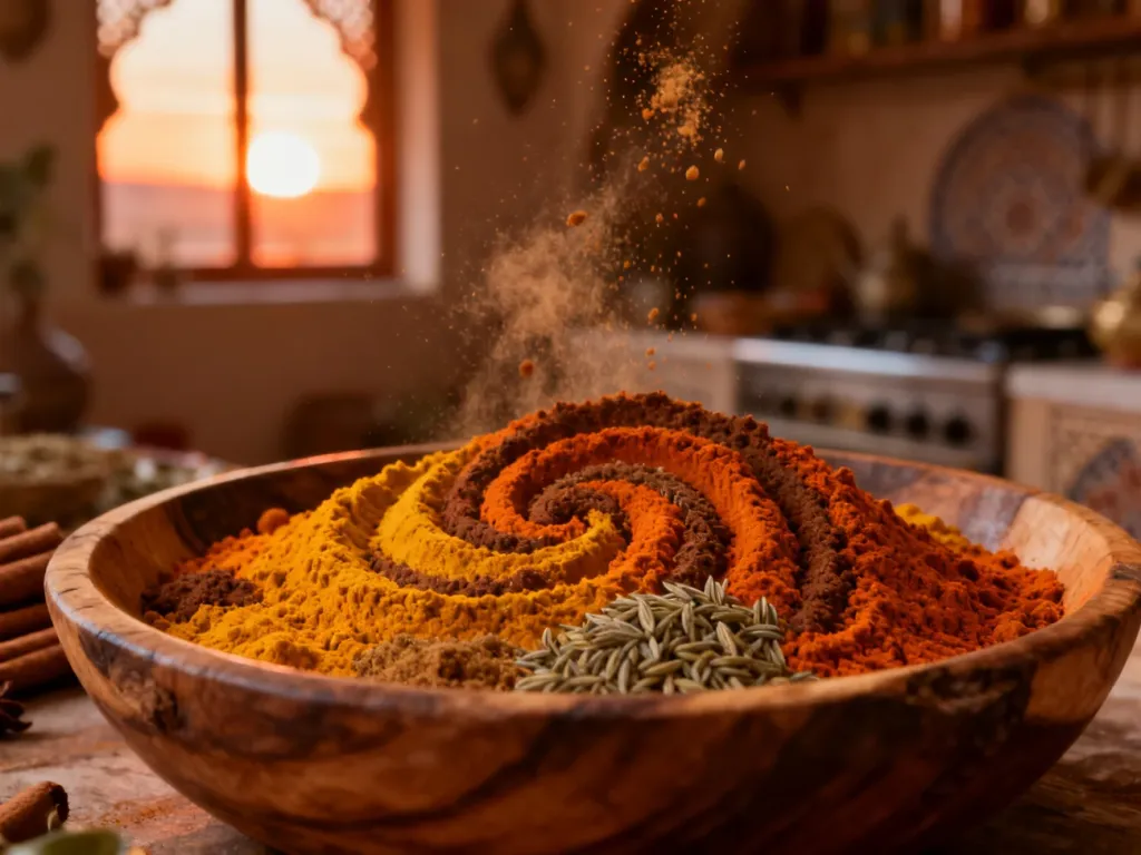 Drewniana miseczka wypełniona aromatyczną mieszanką przypraw ras el hanout w ciepłym, marokańskim świetle.