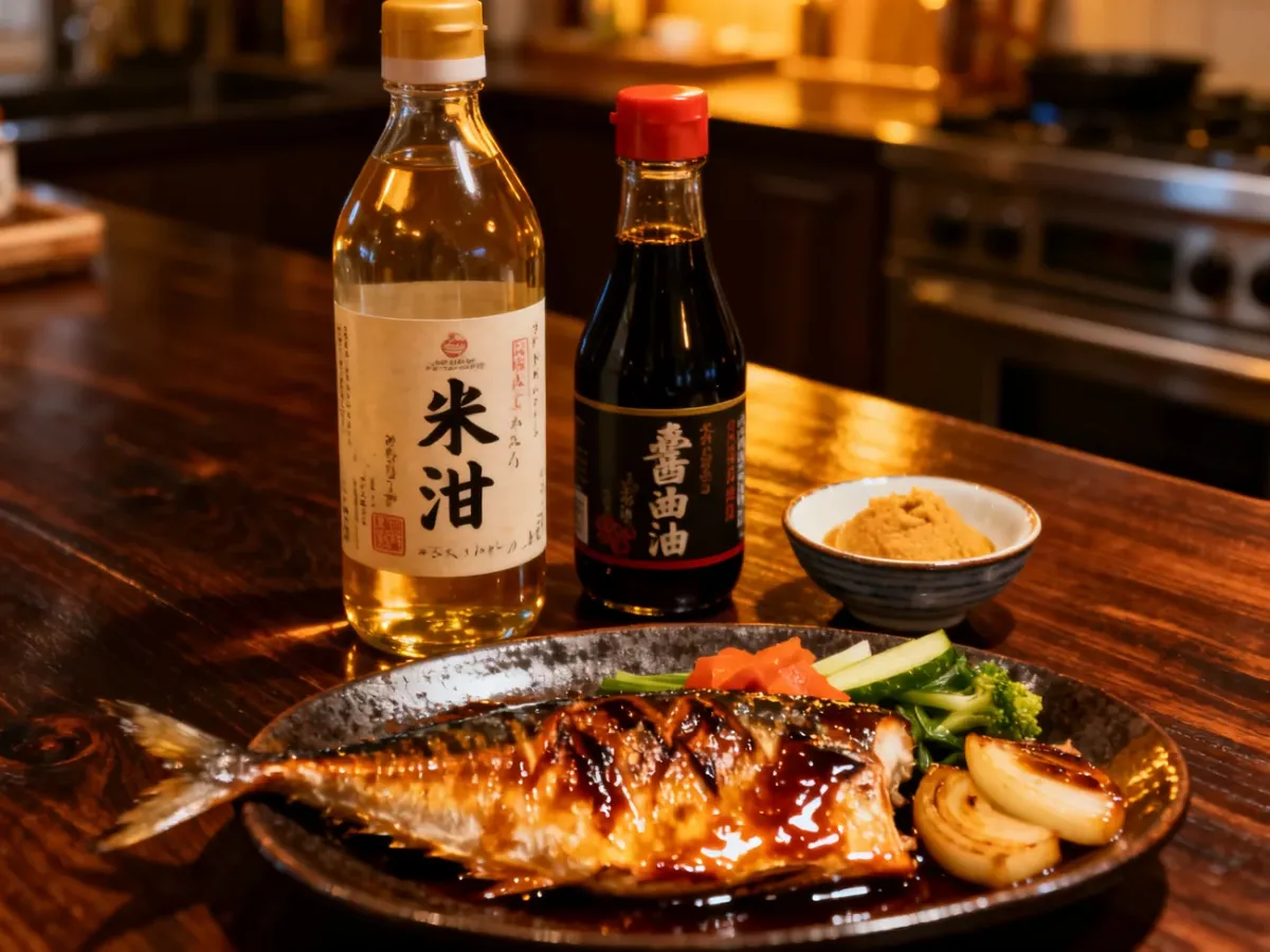 Mirin and Japanese ingredients beside a glossy teriyaki-style dish