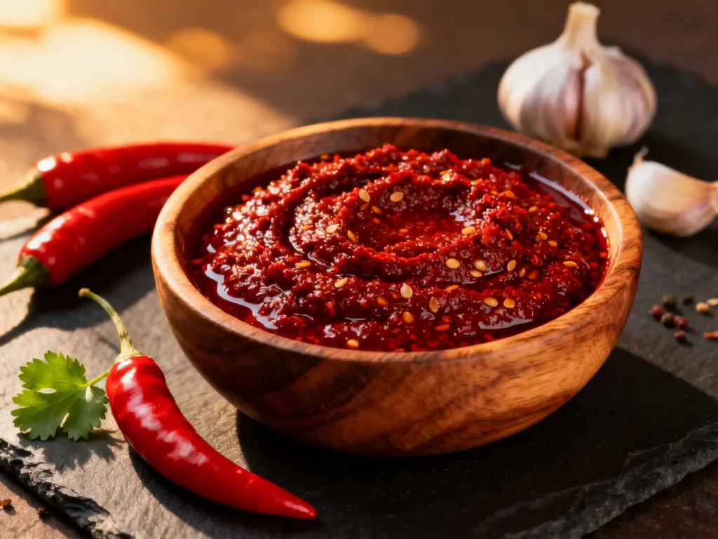 Miska z czerwoną pastą harissa otoczona świeżymi papryczkami chili, czosnkiem i kolendrą na ciemnym tle.