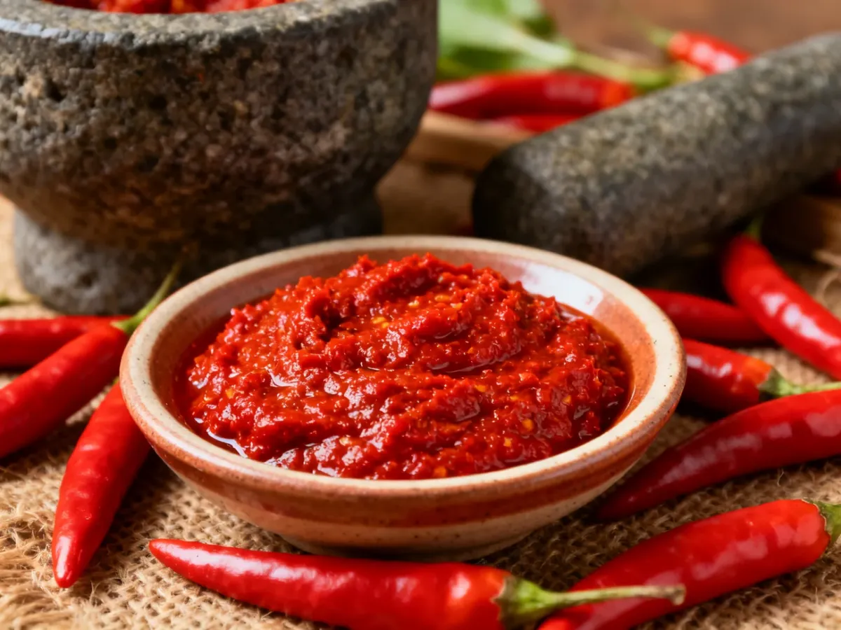 Miska z czerwoną pastą sambal oelek, papryczkami chili i kamiennym moździerzem