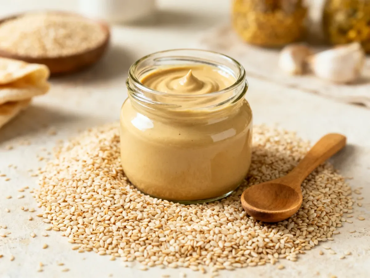 Słoik kremowej tahini otoczony ziarnami sezamu