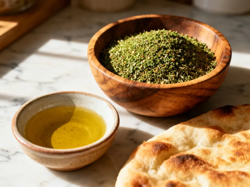 Miska z przyprawą zaatar, oliwą i świeżym chlebkiem typu pita na kuchennym blacie w ciepłym świetle poranka.