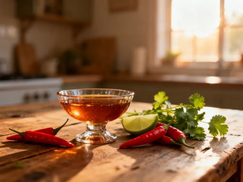 Bursztynowy sos rybny w szklanej miseczce, otoczony świeżym chili, limonką i kolendrą na drewnianym stole.