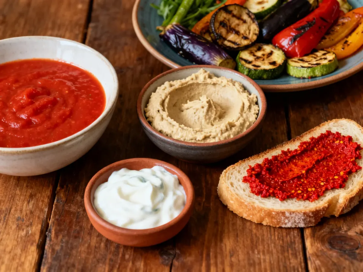 Różne proste zastosowania harissy: sos pomidorowy, dip, hummus i warzywa