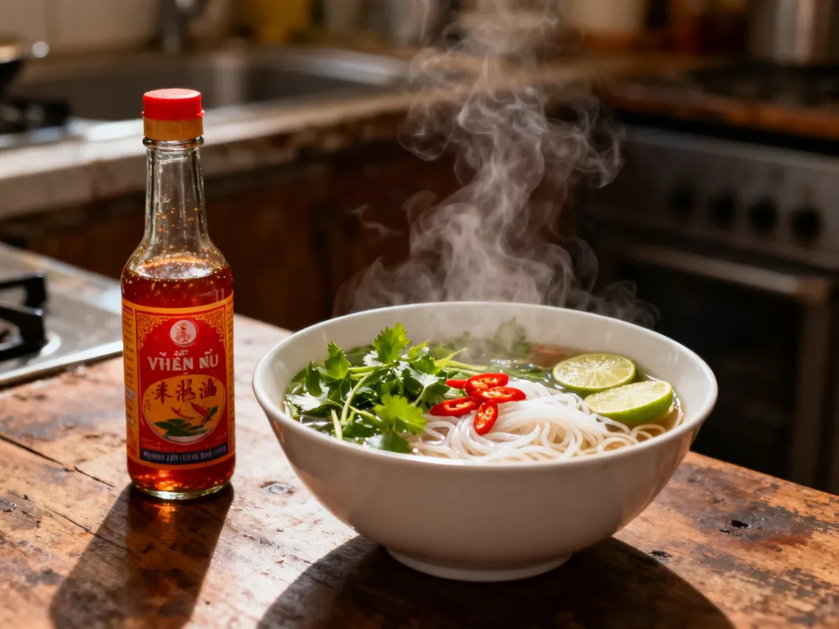 Butelka sosu rybnego nuoc mam obok parującej miski pho