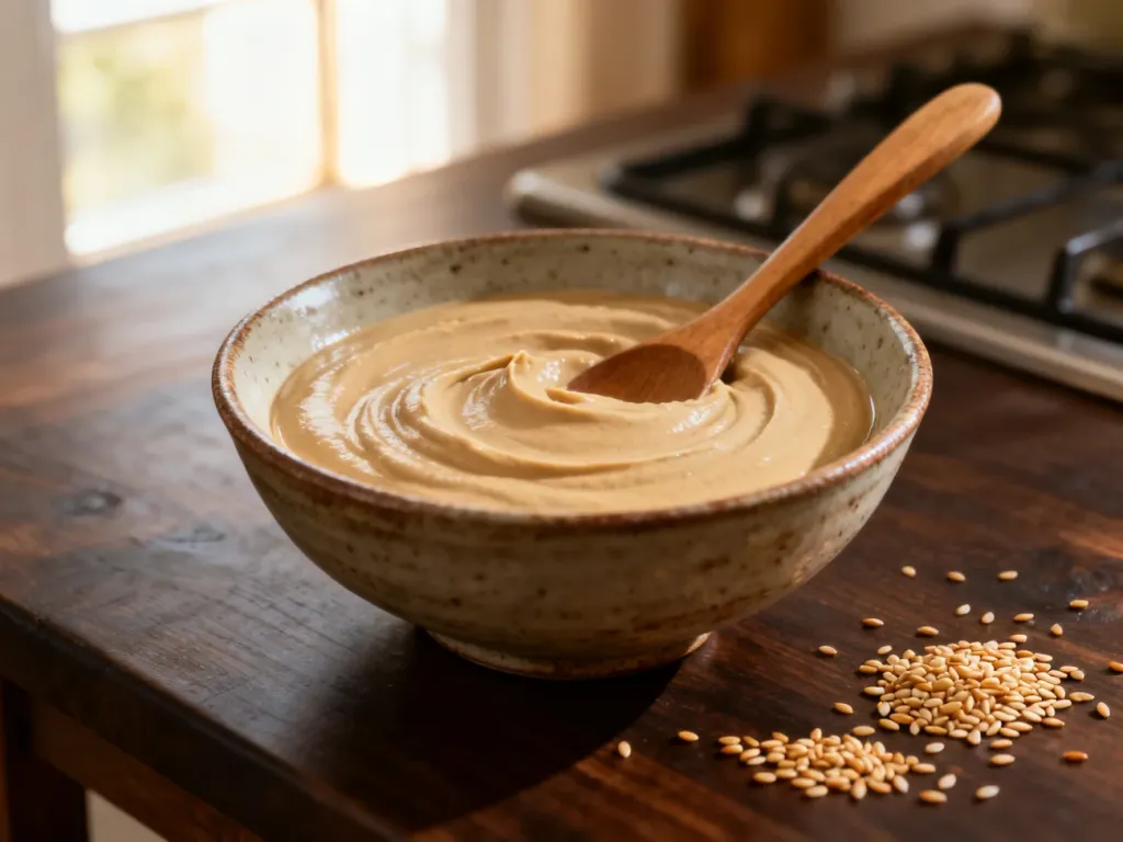 Kremowa pasta tahini w ceramicznej miseczce na drewnianym stole, udekorowana ziarnami sezamu w promieniach porannego słońca.