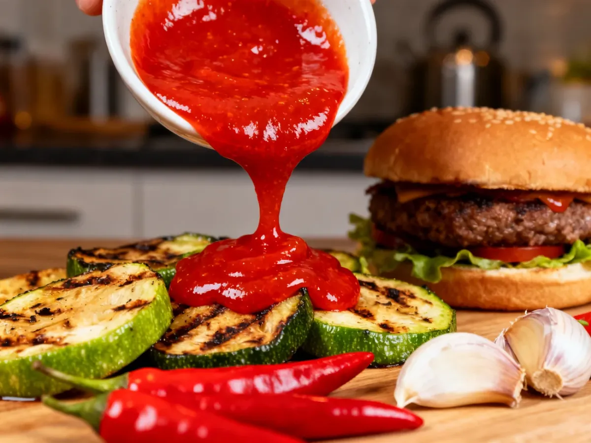 Gęsty czerwony sos Sriracha podawany do burgera i grillowanych warzyw