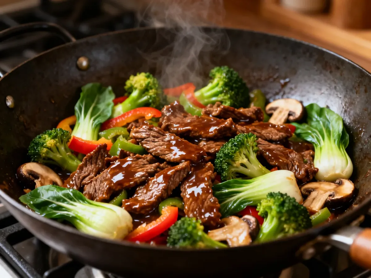 Błyszczące mięso i warzywa stir-fry pokryte sosem ostrygowym