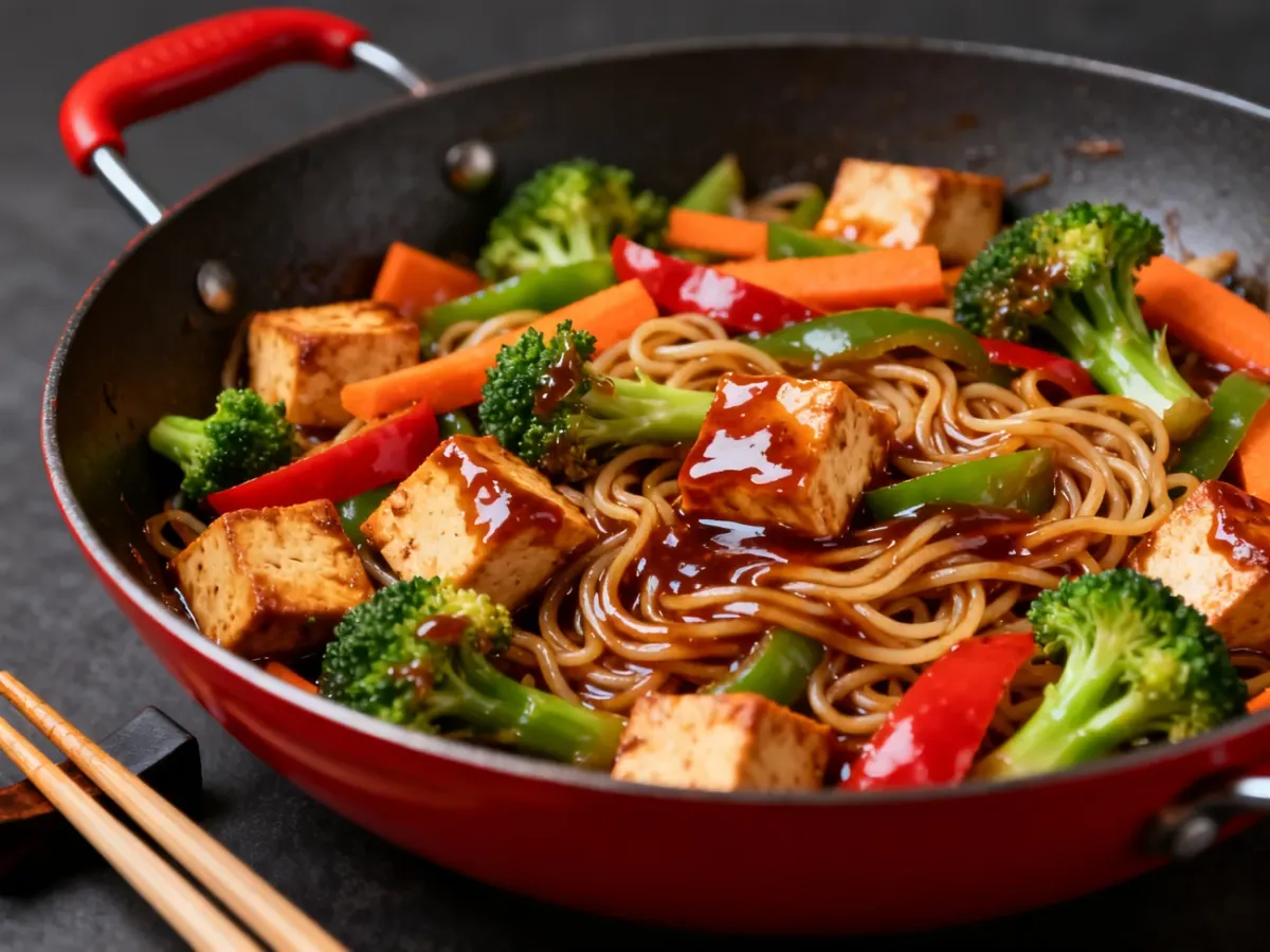 Stir-fry z tofu, warzywami, makaronem i sosem hoisin